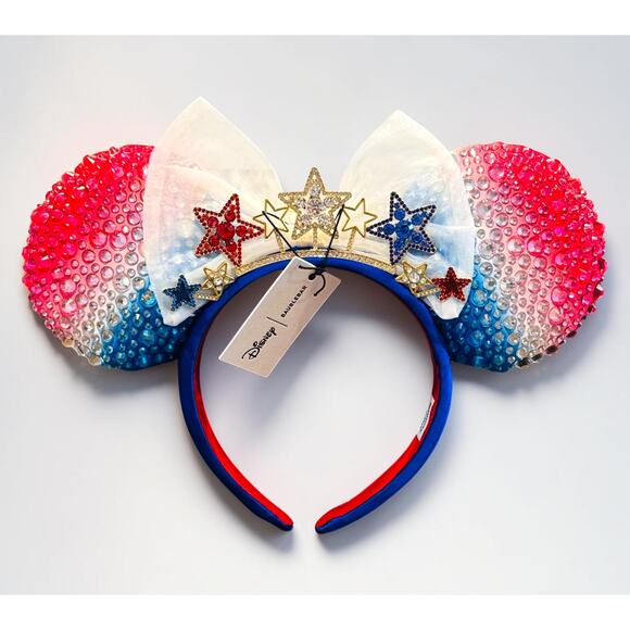 BaubleBar Disney Minnie Mouse Jeweled Americana Ears Headband Patriotic NWT